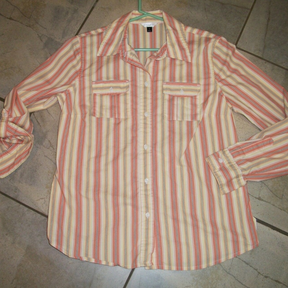 Old Navy Gold and Coral Pink Striped Cotton Blouse